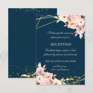 Rustic Floral Gold Navy Blue Wedding Reception Invitation