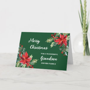 Rustic Floral Grandson & Family Merry Christmas Card
