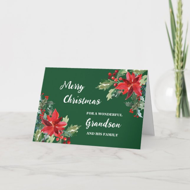 Rustic Floral Grandson & Family Merry Christmas Card (Front)