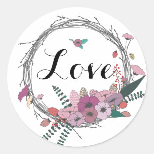 Rustic Floral Grapevine Wreath, Love Classic Round Sticker