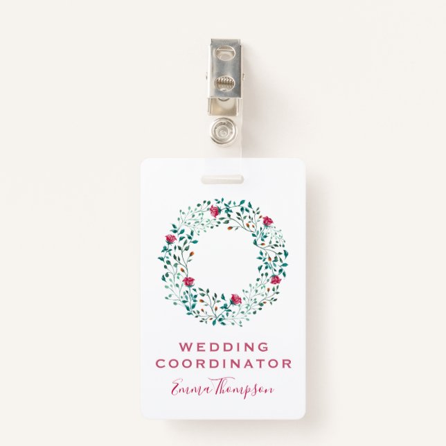 Rustic Floral & Green Foliage Pattern | Wedding ID Badge (Front with Clip)