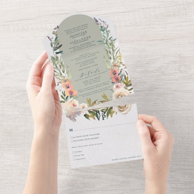 Rustic Floral Green Sage Wedding  All In One Invitation (Tearaway)