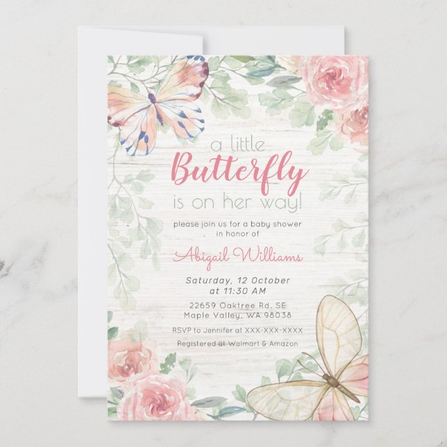 Rustic Floral/Greenery Butterfly Girl Baby Shower Invitation (Front)