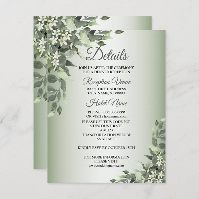 Rustic Floral Greenery Eucalyptus Leaves Details Enclosure Card (Front/Back)