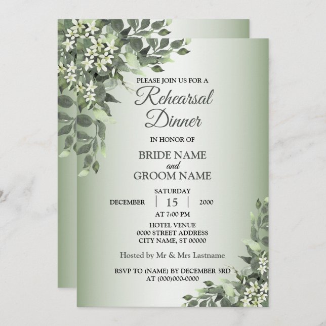 Rustic Floral Greenery Leaves Rehearsal Dinner Invitation (Front/Back)