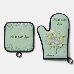 Rustic Floral Greenery Made with Love  Oven Mitt & Pot Holder Set