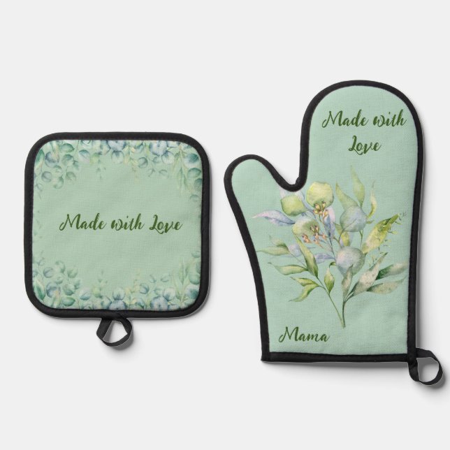 Rustic Floral Greenery Made with Love  Oven Mitt & Pot Holder Set (Front)