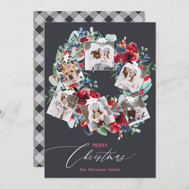 Rustic floral grey 6 photos Christmas wreath Holiday Card (Front/Back)