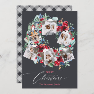 Rustic floral grey 6 photos Christmas wreath Holiday Card