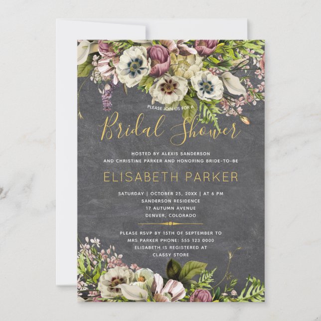 Rustic floral grey chalkboard fall bridal shower invitation (Front)