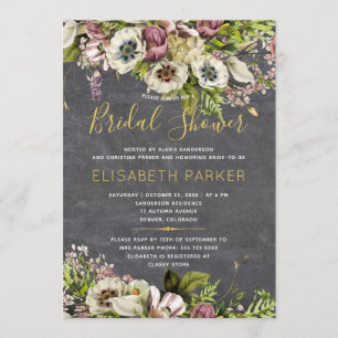 Rustic floral grey chalkboard fall bridal shower invitation