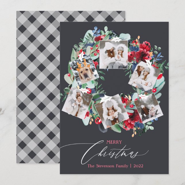 Rustic floral grey Christmas wreath 6 photos Holiday Card (Front/Back)