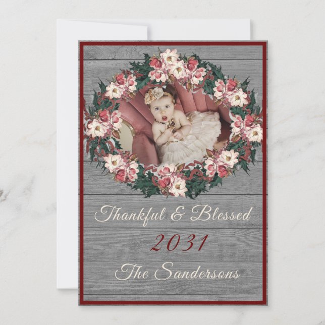 Rustic Floral Grey Wood Burgundy Thankful  Blessed Holiday Card (Front)