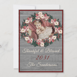 Rustic Floral Grey Wood Burgundy Thankful  Blessed Holiday Card