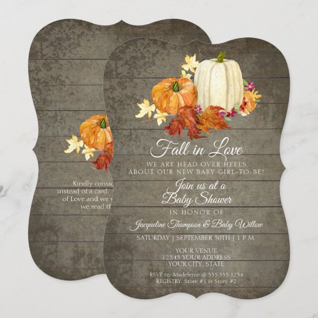 Rustic Floral Grey Wood Pumpkins Girl Baby Shower Invitation (Front/Back)