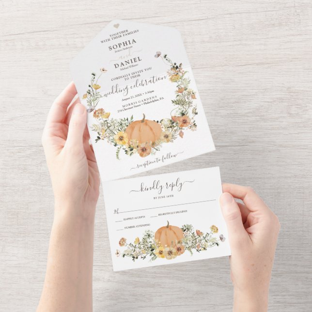 Rustic Floral Harvest Fall Pumpkin Wedding All In One Invitation (Tearaway)