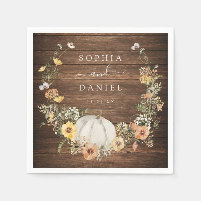 Rustic Floral Harvest Pumpkin Wedding Cocktail Napkin (Front)