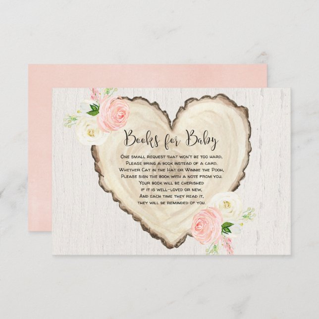 Rustic floral heart book request girl baby shower enclosure card (Front/Back)