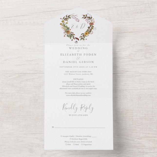 Rustic Floral Heart Details Sage Green Wedding All In One Invitation (Inside)