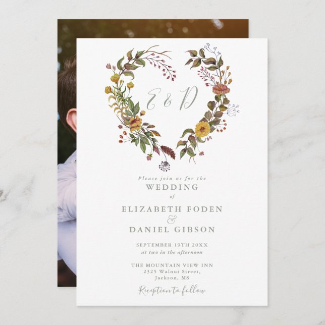 Rustic Floral Heart Sage Green Photo Wedding Invitation (Front/Back)