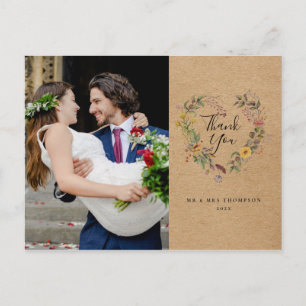 Rustic Floral Heart Wedding Photo Script Thank You Postcard