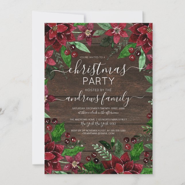 Rustic Floral Holly Ivy Watercolor Wood Christmas Invitation (Front)