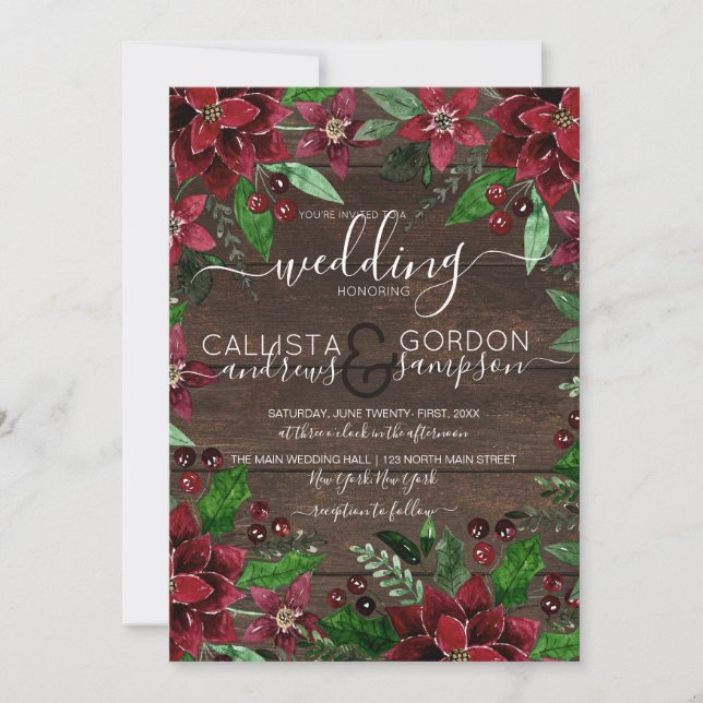 Rustic Floral Holly Ivy Watercolor Wood Wedding Invitation (Front)