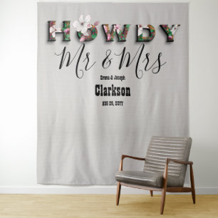 Rustic Floral Howdy Mr Mrs Linen Photo Backdrop Tapestry