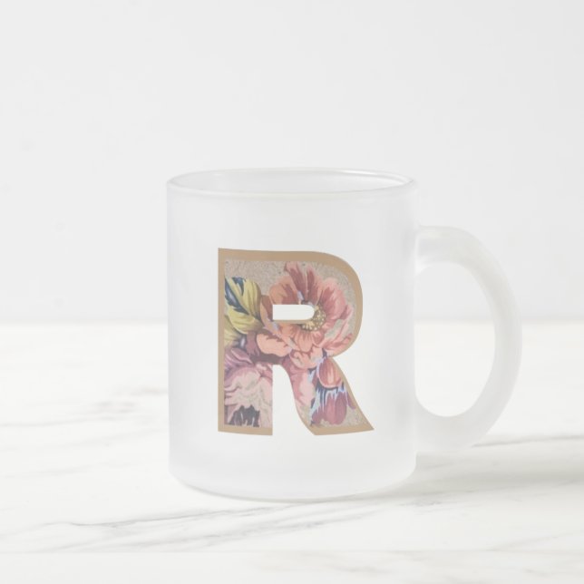 Rustic Floral Initial Letter R Monogram Frosted Glass Coffee Mug (Right)