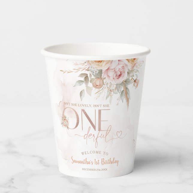 Rustic Floral Isn't She Onederful Birthday Paper Cups (Front)