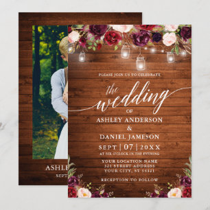 Rustic Floral Jar Lights Calligraphy Photo Wedding Invitation