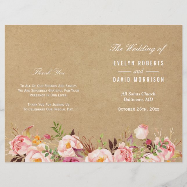 Rustic Floral Kraft Look Folded Wedding Program (Front)