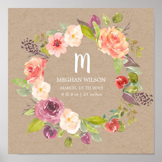 Rustic floral kraft Personalised Baby Birth Poster (Front)