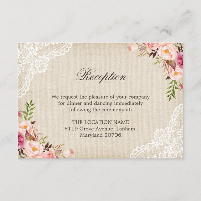 Rustic Floral Lace Burlap Reception Accommodation Enclosure Card (Front)