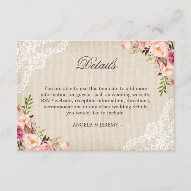 Rustic Floral Lace Burlap Wedding Details Enclosure Card (Front)