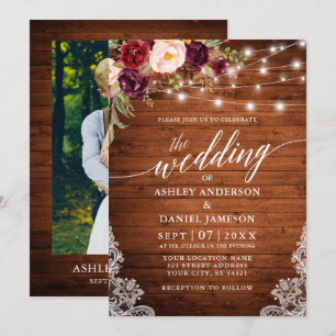 Rustic Floral Lace Calligraphy Photo Wedding Invitation