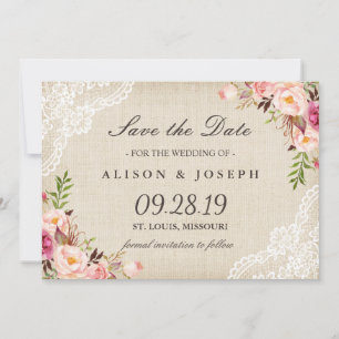 Rustic Floral Lace Ivory Burlap Save the Date