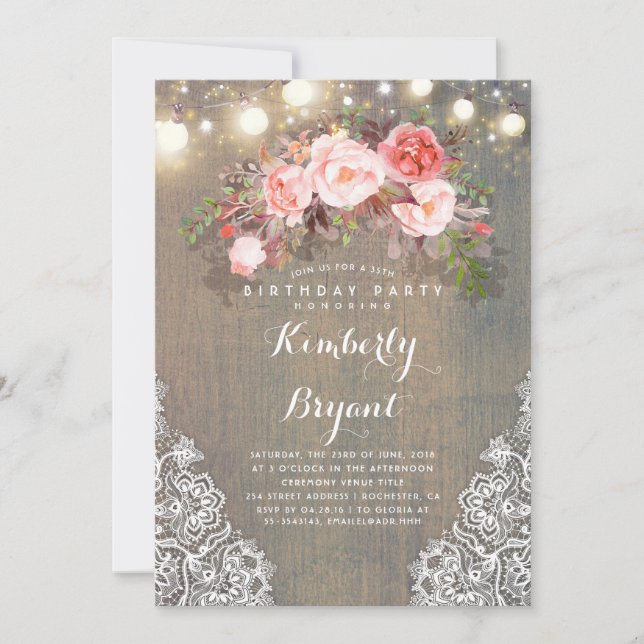 Rustic Floral Lace Lights Wood Birthday Party Invitation (Front)
