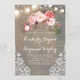 Rustic Floral Lace Lights Wood Engagement Party Invitation