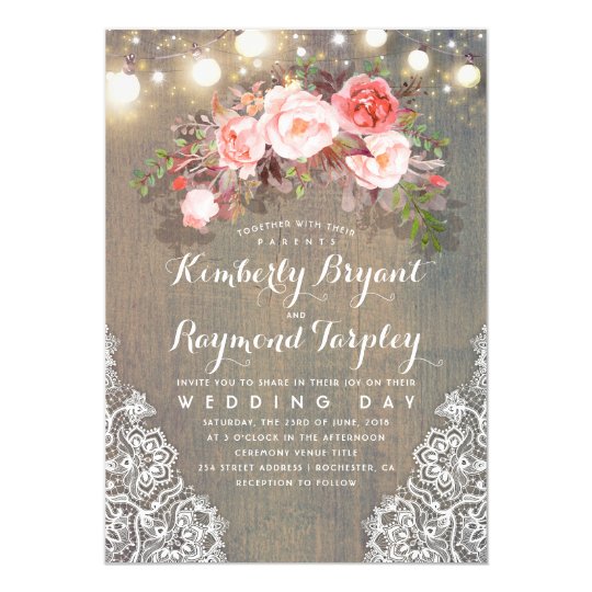 Rustic Floral Lace String Lights and Wood Wedding Card