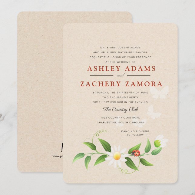 Rustic Floral Ladybug Butterfly Wedding Invitation (Front/Back)