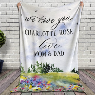 Rustic Floral Landscape Custom "We Love You" Quote Fleece Blanket