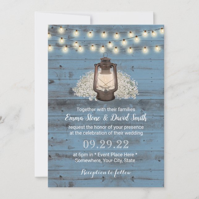 Rustic Floral Lantern Dusty Blue Barn Wood Wedding Invitation (Front)