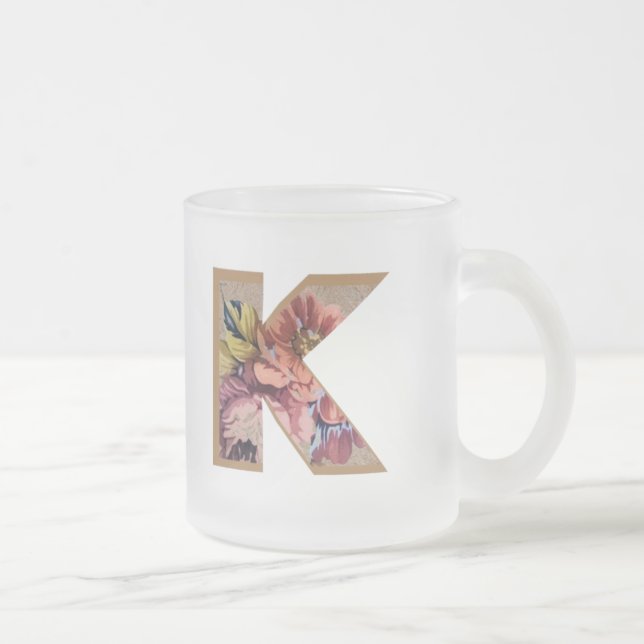 Rustic Floral Large Monogram K Frosted Glass Coffee Mug (Right)