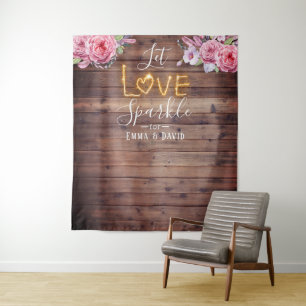 Rustic Floral Let Love Sparkle Wedding Backdrop Tapestry