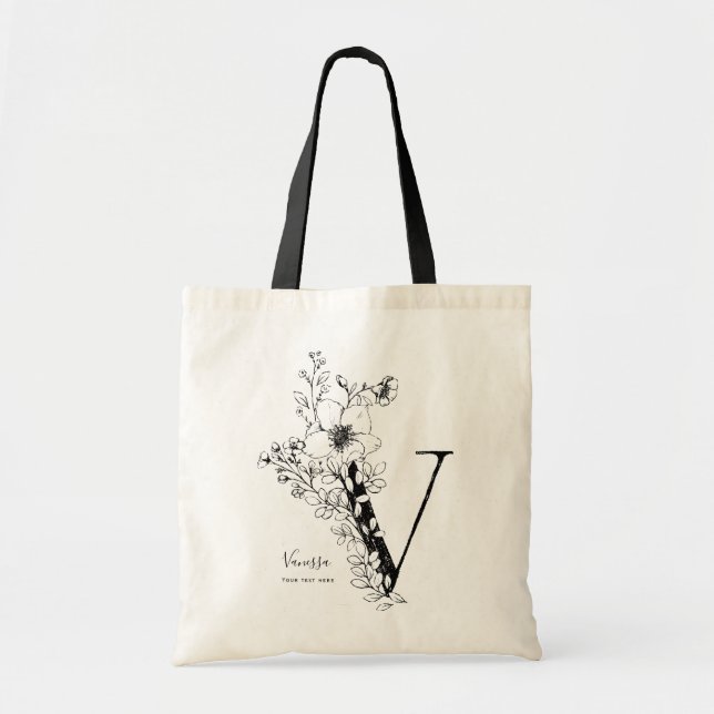 Rustic floral Letter V personalized gift monogram Tote Bag (Front)