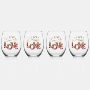 Rustic Floral Letters Live Laugh Love Stemless Wine Glass