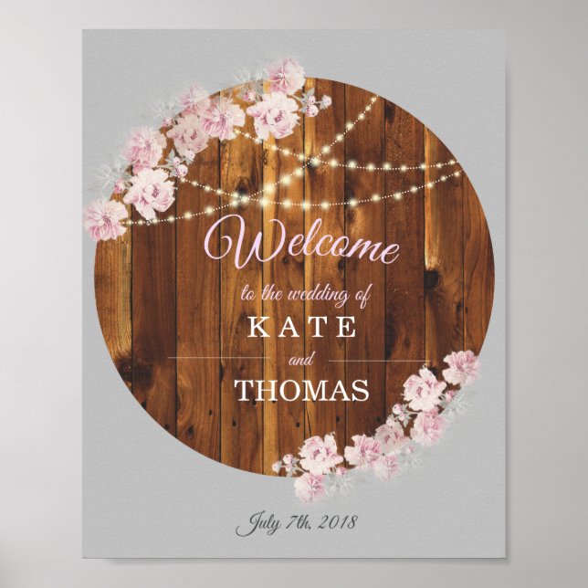 Rustic Floral Light Strings Wedding Welcome Sign (Front)