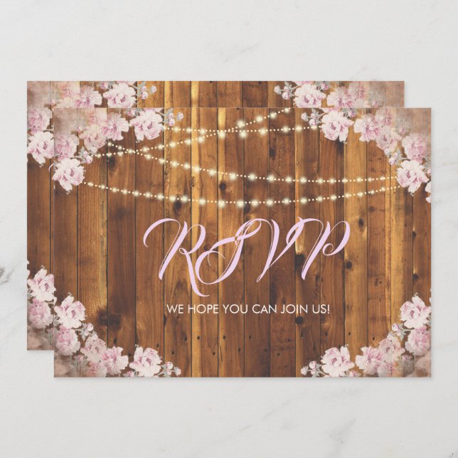 Rustic Floral Light Strings Wood RSVP Reply Card (Front/Back)