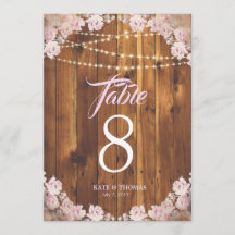 Rustic Floral Light Strings Wooden Table Number